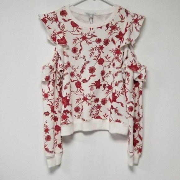 Rebecca Minkoff Gracie Ruffle Cold Shoulder Floral Sweatshirt Size Sm White Red - Picture 2 of 6